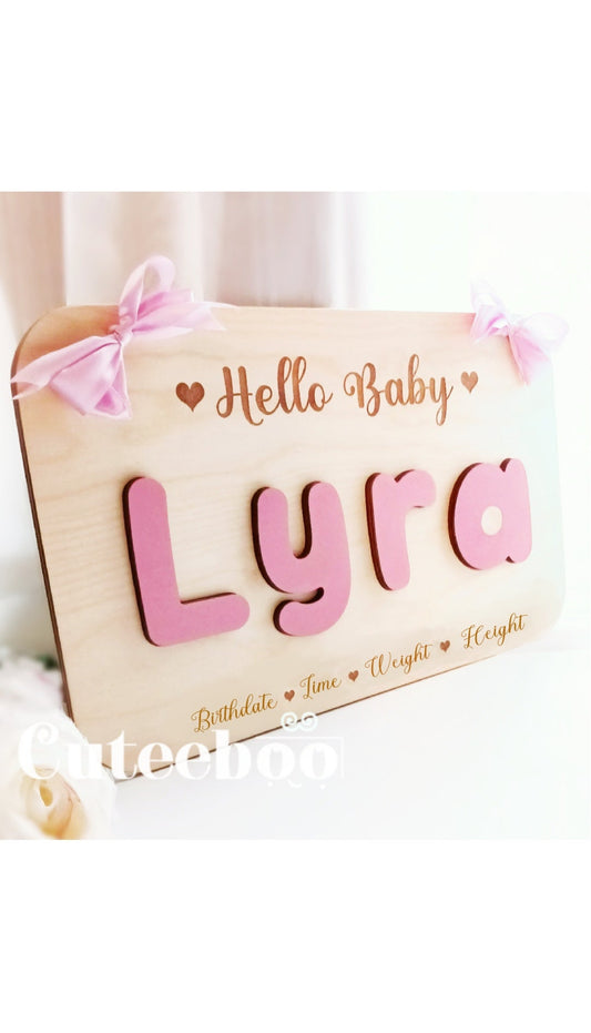 Personalized Wood Baby Name Puzzle with Birth Announcement Sign